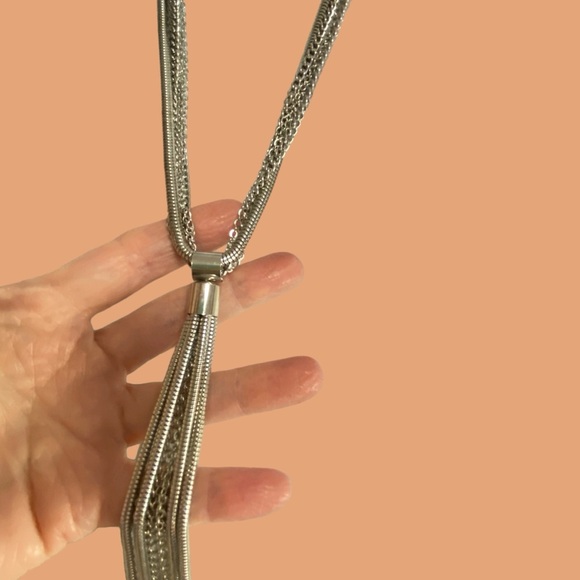 Multi-Strand Silver Tone Snake Chain Long Necklace With Tassel - Picture 5 of 6